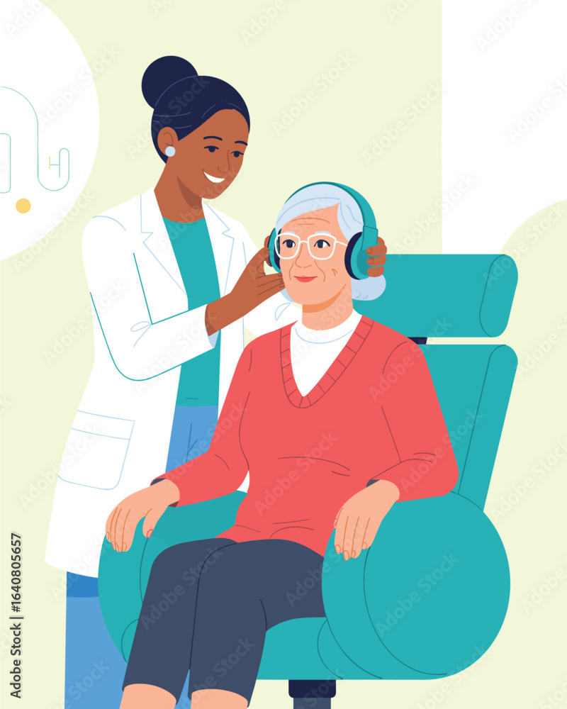 Fototapeta premium A flat vector illustration of an audiologist conducting a hearing test for a senior woman.