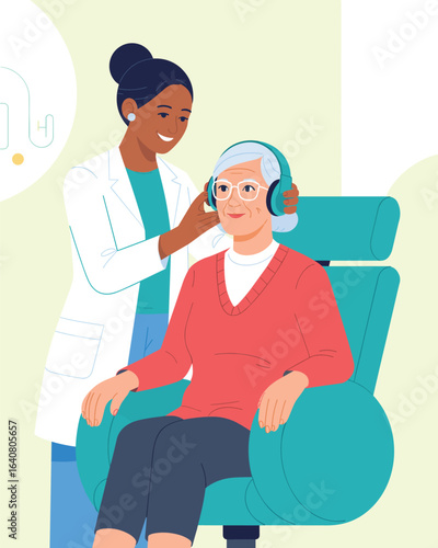 A flat vector illustration of an audiologist conducting a hearing test for a senior woman.
