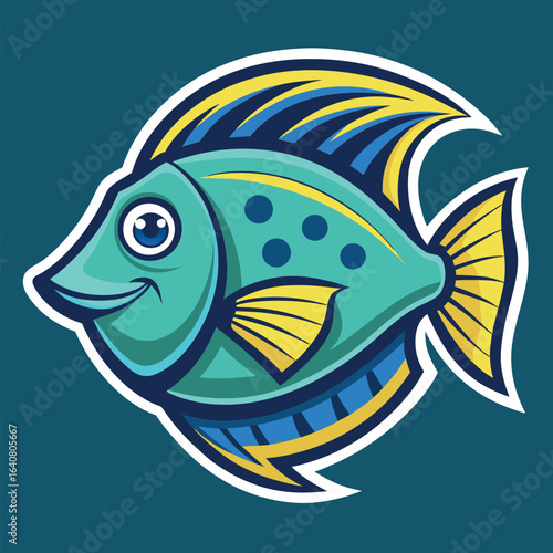 Colorful cartoon fish swimming in a blue background with vibrant fins and happy expression