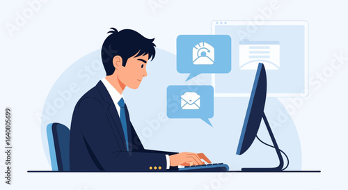 Professional man working at computer receiving emails and managing tasks online