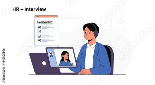 Human resources online interview illustration with HR recruiter evaluating candidate via video call for recruitment, job application, and hiring process