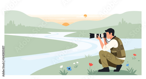 Professional Photographer Capturing Nature Scenery With Sunrise By The River