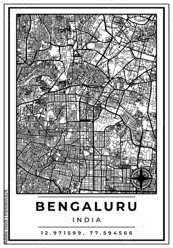 Downtown Street Maps of Bengaluru City India, Black and White Modern Poster with Location Coordinate and Compass Position, Wall Art Home Decor Ready to Printable