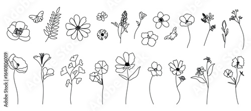 Floral and botanical doodle element vector. Set of leaf, foliage wildflowers, plants, bloom, herb and butterfly. Hand drawn of blossom spring season vectors for decor, website, wedding card and shop.