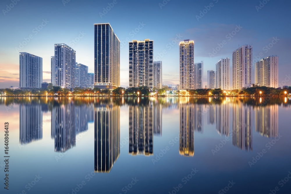 Fototapeta premium Modern City Skyline Reflection at Dusk with Water at the Foreground