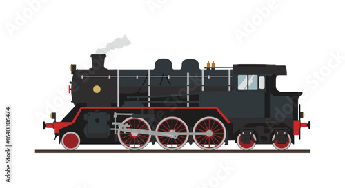 Classic steam train locomotive side view with smoke in flat design