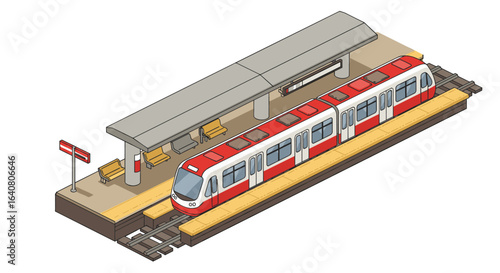 Isometric urban train station with modern red train on platform