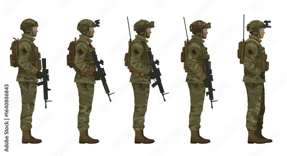Detailed side profile of soldiers in uniform with tactical gear set Detailed side profile of soldiers in uniform with tactical gear set