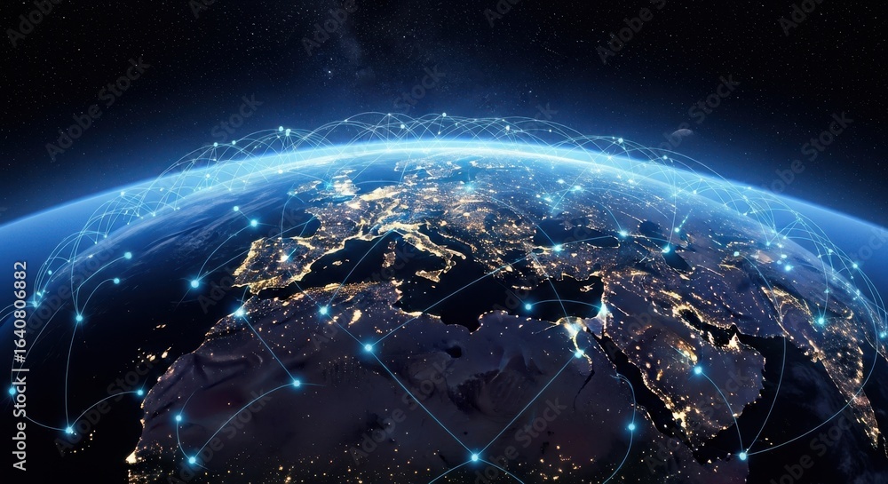 Obraz premium Global Digital Network Connecting Cities and Continents