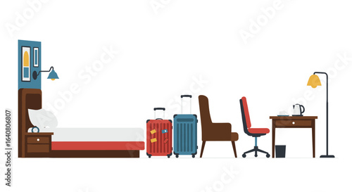 Modern hotel room interior with luggage and furniture