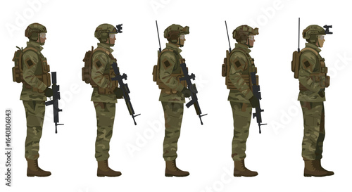 Detailed side profile of soldiers in uniform with tactical gear set