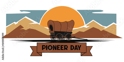 Pioneer Day Illustration – Covered Wagon, Mountain Sunset, and Western Heritage Design