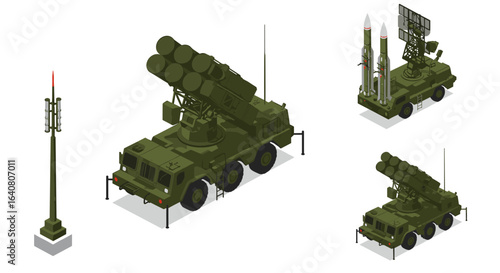 Isometric military vehicles and missile systems with radar and launch equipment