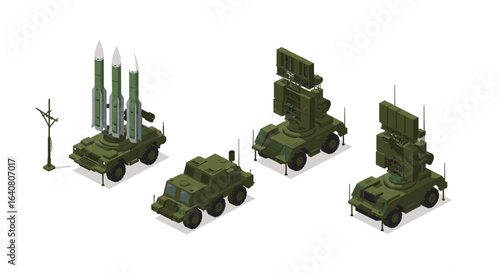 Military isometric missile vehicles and radar system in green camouflage