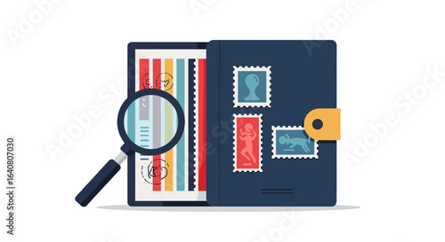 Flat design stamp collection with magnifying glass and album
