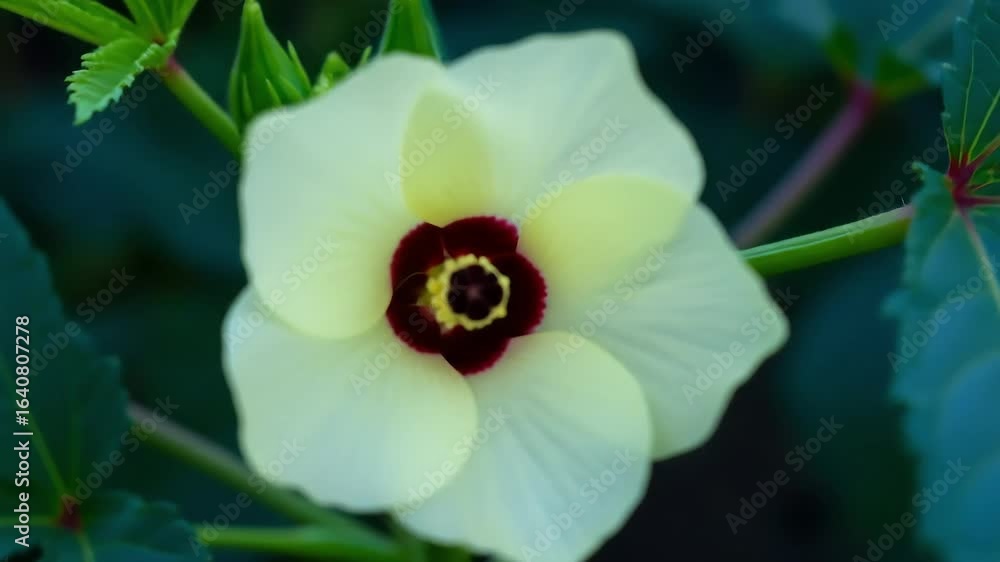 Okra Flower Blossom with Yellow Petals and Maroon Center in a Lush Green Garden Setting a Detailed Botanical Close Up Okra Flower Blossom with Yellow Petals and Maroon Center in a Lush Green Garden Setting a Detailed Botanical Close Up