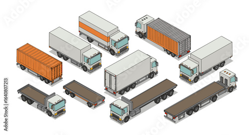 Isometric delivery trucks and trailers set for freight and logistics design