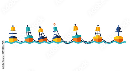 Colorful nautical buoys on waves in flat style design
