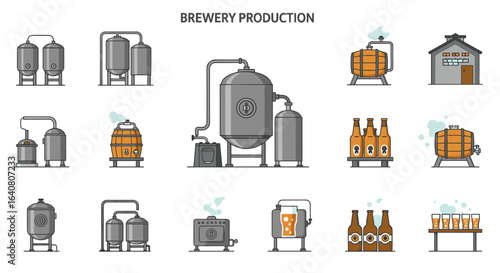 Brewery production equipment icons in clean line art style