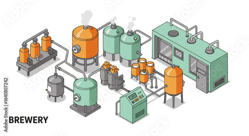 Isometric brewery equipment diagram with tanks and pipes