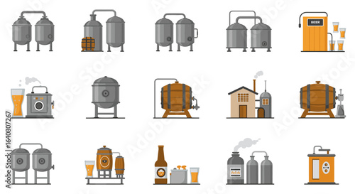 Brewery equipment set featuring tanks and barrels in flat style