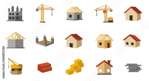 Construction and building icons set featuring houses, cranes, and materials in flat design