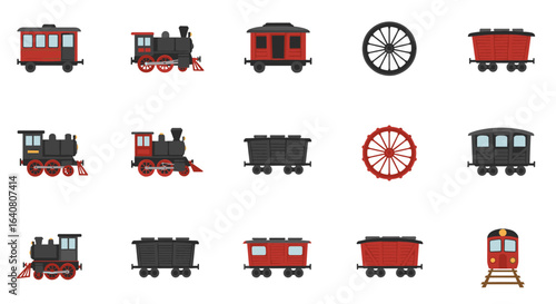 Vintage train models collection: colorful locomotives and railcars in flat design