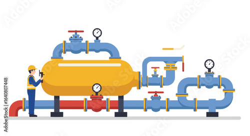 Industrial pipeline system with engineer in flat style