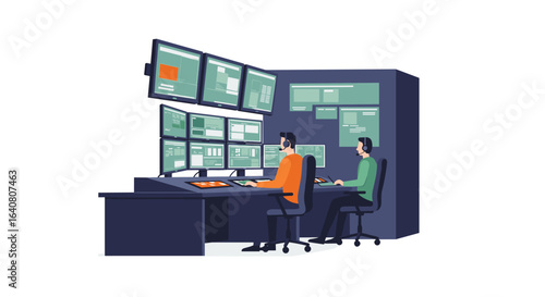 Control room operations: engineers monitoring multiple screens in a modern setting