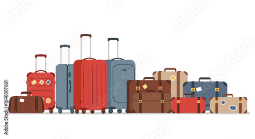Variety of colorful luggage in a flat design style on a white background