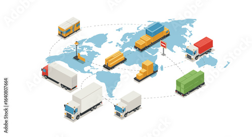 Global logistics network with isometric cargo trucks and shipping containers