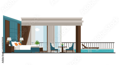 Luxurious modern hotel suite with cozy balcony and private pool access