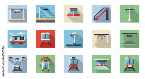 Modern long shadow style subway and train station icons