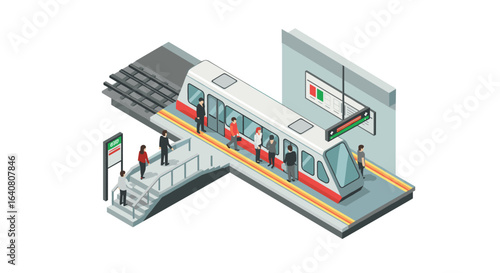 Isometric city metro station with train and passengers