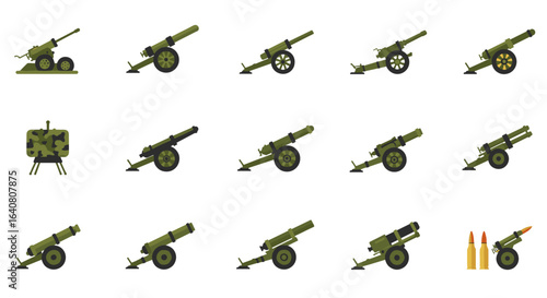 Military artillery and ammunition collection in flat style