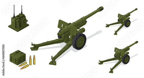 Military howitzer and ammunition set in isometric green design
