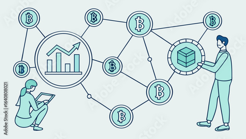 Bitcoin network with people interacting and financial growth chart illustration shown clearly here