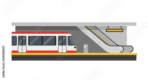 Modern urban metro train with escalator in minimalist flat design