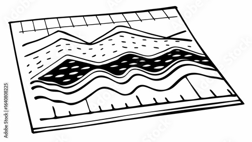 Illustration of a topographical map with contour lines and a grid representing elevation changes shown