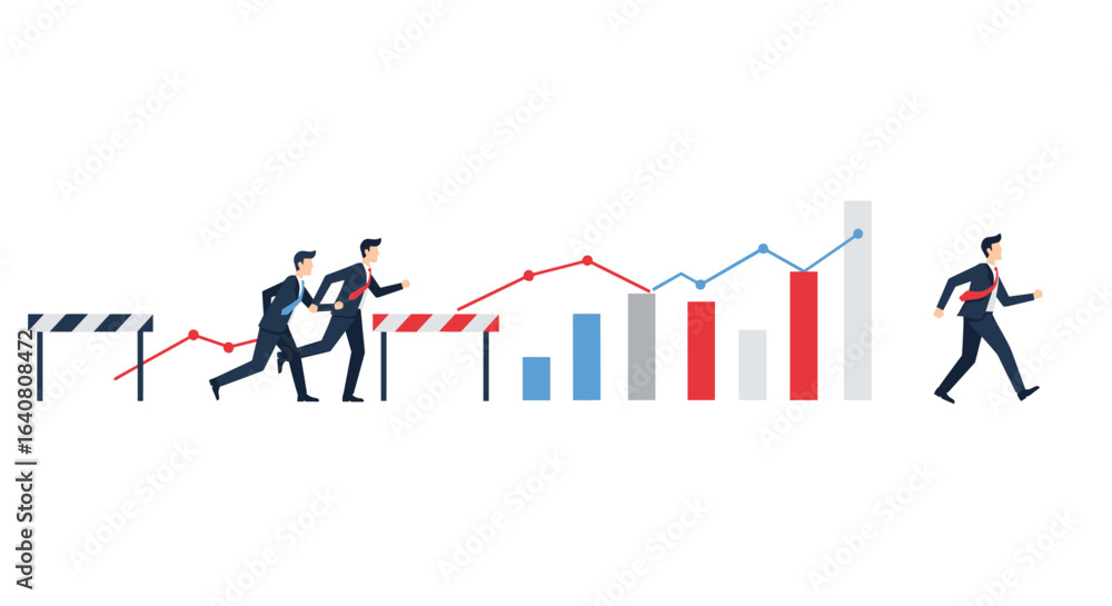 Business growth concept with running businessmen overcoming obstacles towards success Business growth concept with running businessmen overcoming obstacles towards success