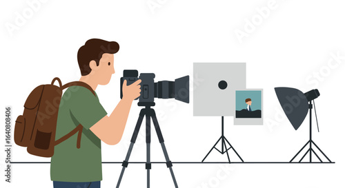 Amateur photographer shooting in studio with tripod and lighting equipment