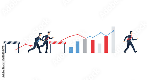 Business growth concept with running businessmen overcoming obstacles towards success
