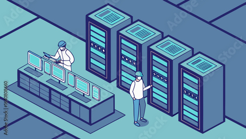 Isometric view of two technicians in a server room with computers and server racks and a blue theme