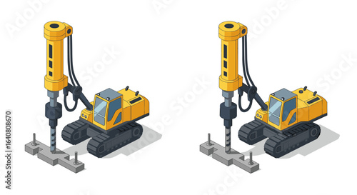 Isometric construction drill machines facing forward on white background