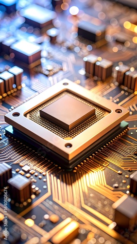 A futuristic microchip processor at the glowing heart of a complex circuit board, representing the core of advanced digital technology and data innovation.