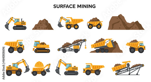 Surface mining equipment and earth mounds in flat design