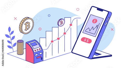 Bitcoin Growth Chart Illustration – Mobile App and ATM Showing Financial Investment Trend