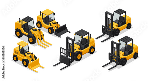 Set of isometric yellow forklifts and bulldozers on white background