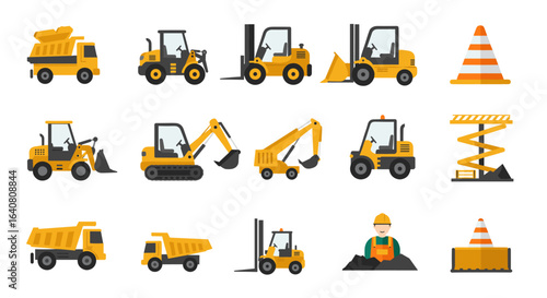 Flat construction equipment icons collection with vehicles and tools