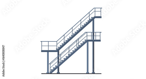 Modern industrial metal staircase with platform and railings